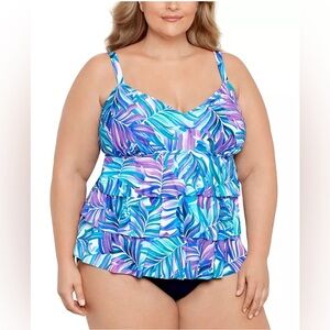 Swim Solutions Plus Size Tummy Control Printed Fauxkini NWT in Dancing Palm 20W